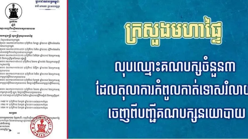 ក្រសួងមហាផ្ទៃ លុបឈ្មោះគណបក្សចំនួន៣ ដែលតុលាការ កំពូលកាត់ទោសរំលាយ