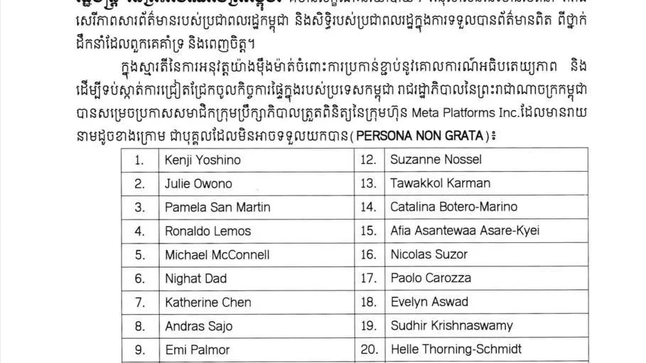 ក្រសួងការបរទេស៖សមាជិកក្រុមប្រឹក្សាភិបាលត្រួតពិនិត្យនៃក្រុមហ៊ុន Meta Platforms Inc.ចំនួន២២នាក់ត្រូវបានហាមឃាត់មិនឱ្យចូល ឬមានវត្តមាននៅក្នុងព្រះរាជាណាចក្រកម្ពុជា