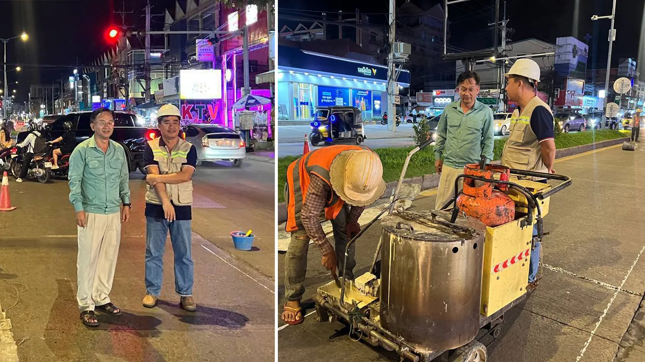 អភិបាលខណ្ឌសែនសុខ ចុះពិនិត្យការអ៊ុតគំនូស​ច​រា​ចរណ៍ លើកំណាត់មហាវិថី ក្នុងសង្កាត់ភ្នំពេញ​ថ្មី