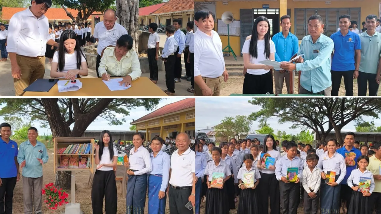 បណ្ណាល័យខ្នាតតូចចំនួនពីរ ត្រូវបានយុវសិស្ស ម៉ៅ សុផាតវីនណា ប្រគល់ជូនសាលារៀន នៅ​ខេត្ត​កំពង់​ចាម