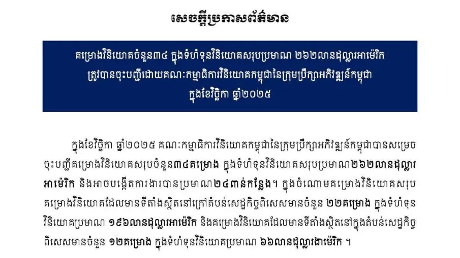 គម្រោងវិនិយោគចំនួន៣៤ ក្នុងទំហំទុនវិនិយោគប្រមាណ២៦២លានដុល្លារត្រូវបានចុះបញ្ជីក្នុងខែវិច្ឆិកា