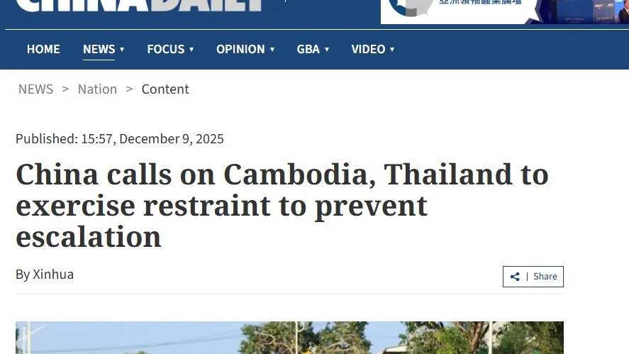 ចិនអំពាវនាវឲ្យកម្ពុជានិងថៃ អនុវត្តការអត់ធ្មត់