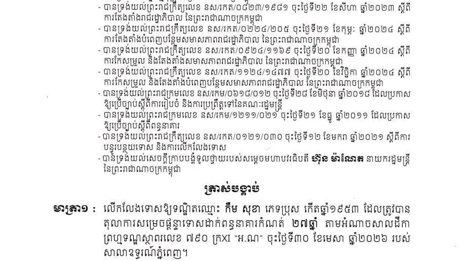 លោក កឹម សុខា បានទទួលនូវលើកលែងទោស