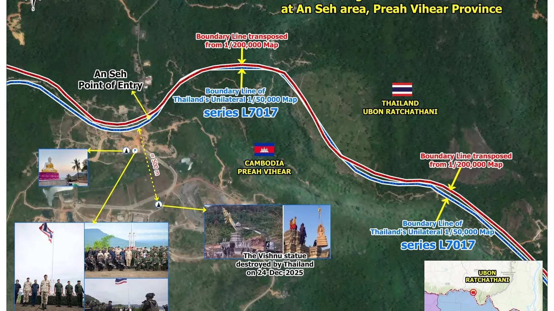 ទីតាំងដែលនាយករដ្ឋមន្ត្រីថៃឈរ គឺក្នុងទឹកដីកម្ពុជា៖ ផែនទី សន្ធិសញ្ញា និងភស្តុតាងបានបញ្ជាក់យ៉ាងច្បាស់