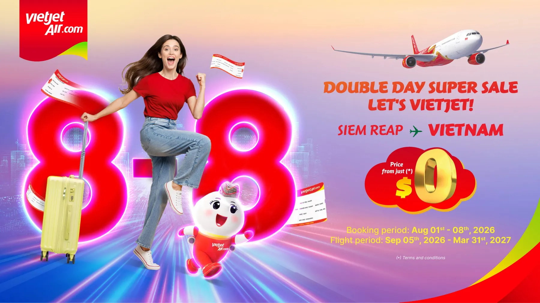 Vietjet ដែលជាក្រុមហ៊ុនឈ្នះពានរង្វាន់ជាច្រើន ផ្តល់ជូនប្រូម៉ូសិនបញ្ចុះតម្លៃសំបុត្រថ្នាក់អេកូរយៈពេលមួយសប្តាហ៍ដែលមានតម្លៃចាប់ពី ០ ដុល្លារអាមេរិក​ សម្រាប់អ្នកធ្វើដំណើរពីប្រទេសកម្ពុជា