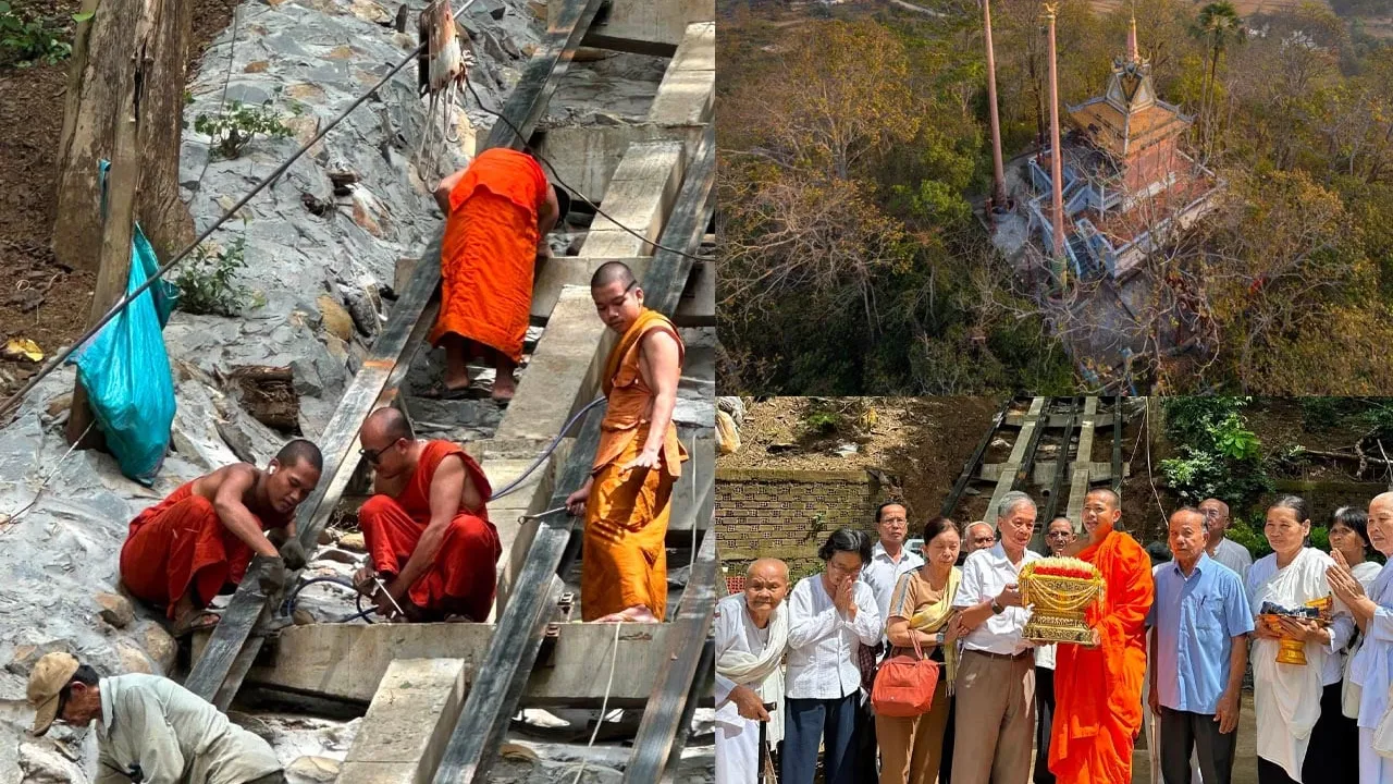 ព្រះសង្ឃដំឡើងជណ្ដើរយន្តឡើងភ្នំសំបុក ខេត្តក្រចេះ ដើម្បីសម្រួលដល់ពលរដ្ឋ និងអ្នកទេសចរ