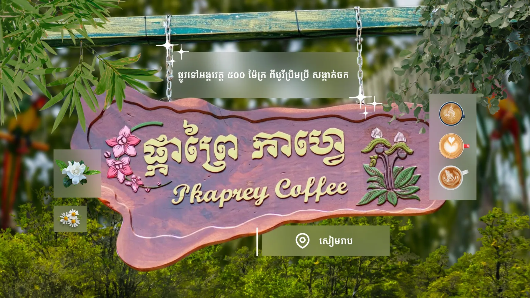 ហាងកាហ្វេ «ផ្កាព្រៃអង្គរ» ហ៊ុមព័ទ្ធទៅដោយដើមឈើតូចធំជុំជិត ចូលដល់ក្នុងត្រជាក់ជាប់ចិត្ត