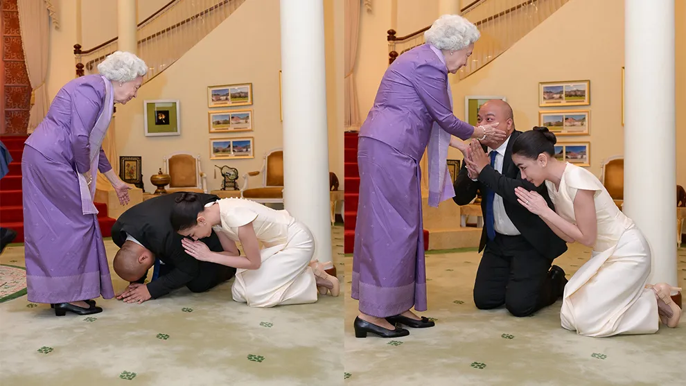 សិទ្ធី នីកា និងស្វាមី កាយវិការសមសួនក្រាបបង្គំគាល់សម្ដេចព្រះមហាក្សត្រី នរោត្ដម មុនិនាថ សីហនុ នាព្រះបរមរាជវាំង