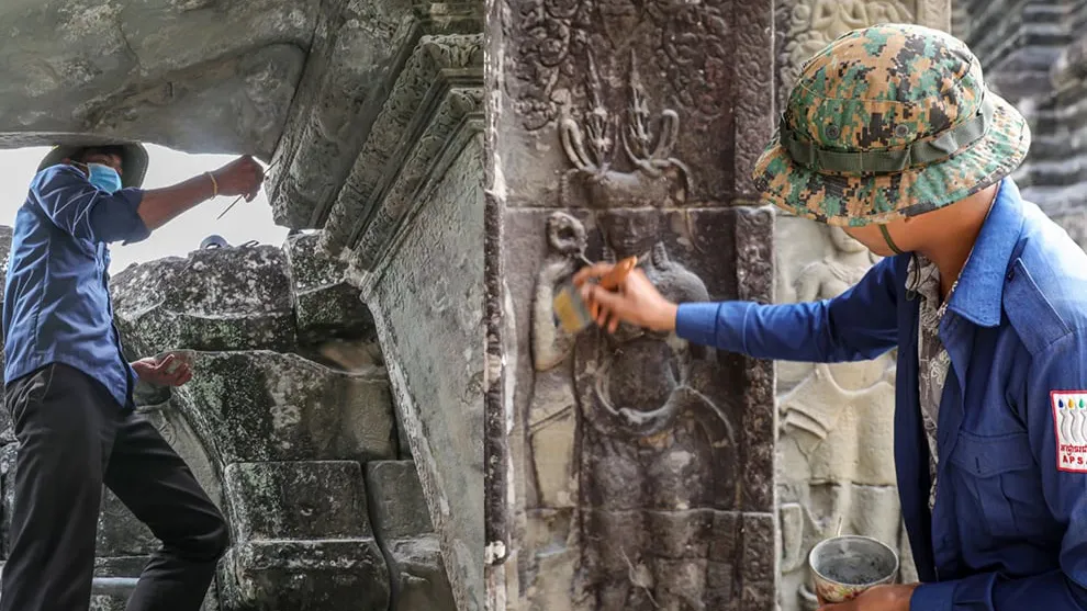 អ្នកជំនាញកំពុងព្យាបាលថ្មពុកផុយនៅបណ្ណាល័យខាងជើង នៃជាន់ទី២ប្រាសាទអង្គរវត្ត