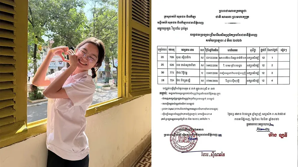 កែវ ទិត្យផល្លី ប្រឡងសិស្សពូកែ ប្រចាំរាជធានីភ្នំពេញ បានចំណាត់ថ្នាក់ល្អ