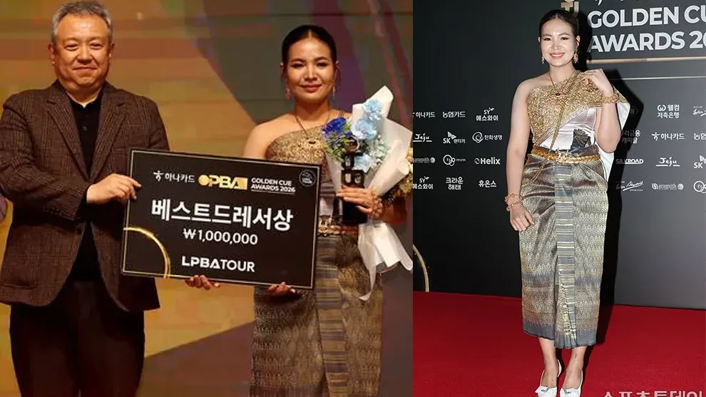 កីឡា​ការិនី ស្រួង ភាវី ស្លៀក​ឈុត​ប្រពៃណី​ខ្មែរ «ស្បៃ» យ៉ាងស្រស់ស្អាត ចូលរួមកម្មវិធីប្រគល់ពានរង្វាន់នៅកូរ៉េ