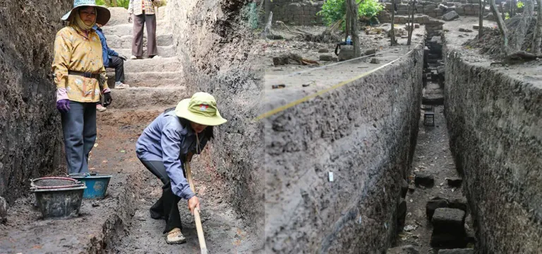 អាជ្ញាធរជាតិអប្សរា ធ្វើកំណាយជុំវិញកំពែងព្រះបរមរាជវាំងនៃក្រុងអង្គរធំ រកឃើញប្រព័ន្ធបង្ហូរទឹកបុរាណ