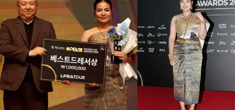 កីឡា​ការិនី ស្រួង ភាវី ស្លៀក​ឈុត​ប្រពៃណី​ខ្មែរ «ស្បៃ» យ៉ាងស្រស់ស្អាត ចូលរួមកម្មវិធីប្រគល់ពានរង្វាន់នៅកូរ៉េ