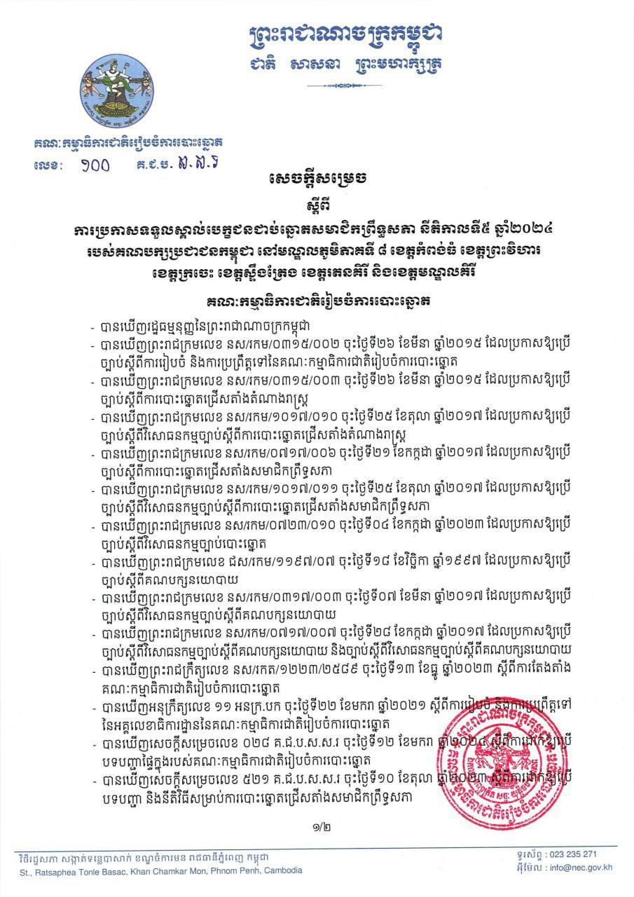 គ.ជ.ប ចេញសេចក្តីសម្រេចលុបឈ្មោះ និងប្រកាសទទួលស្គាល់បេក្ខជនជាប់ឆ្នោតព្រឹទ្ធសភាព នីតិកាលទី៥ ឆ្នាំ២០២៤ នៅមណ្ឌលភូមិភាគទី៨របស់គណបក្សប្រជាជនកម្ពុជា